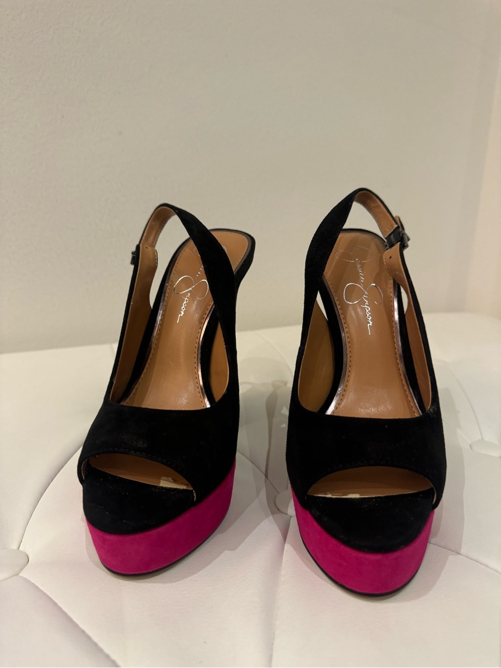 Jessica Simpson Black Suede Slingback Platforms with Fuchsia Pink Platform
